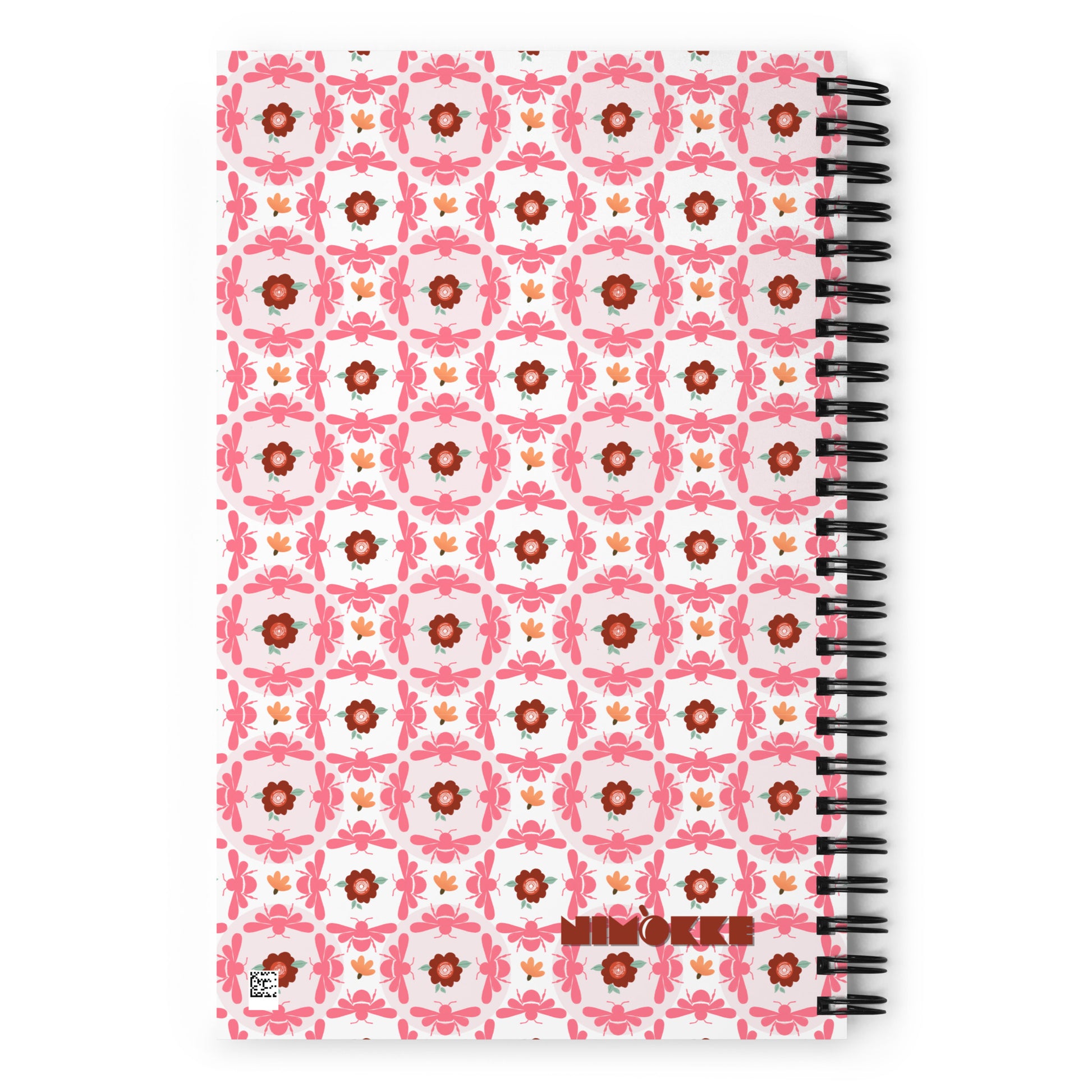 Spiral notebook with pink bees and floral medallion design – dotted journal BACK