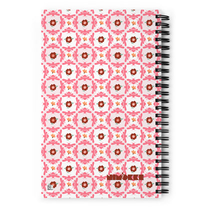 Spiral notebook with pink bees and floral medallion design – dotted journal BACK