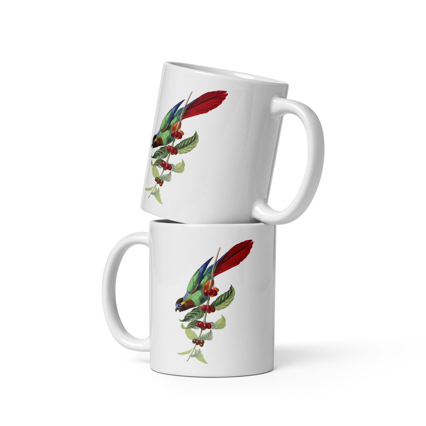 A white ceramic mug with a colorful illustration of a parakeet bird perched on a branch with leaves and berries.