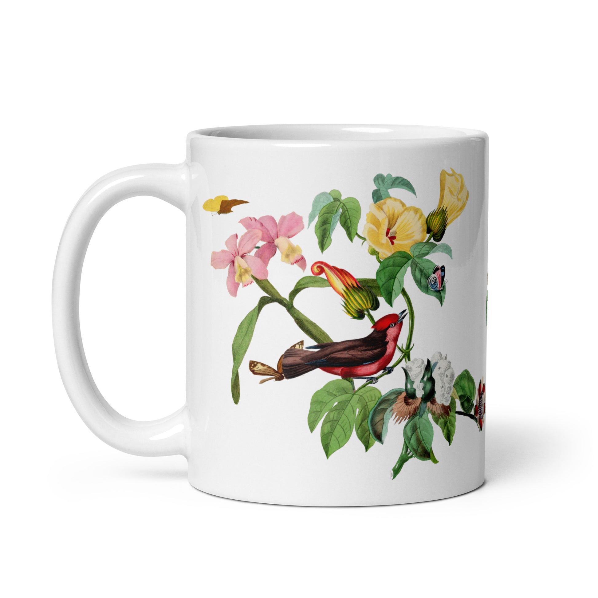 Mug Flycatcher Bird and Parakeet 11oz Handle on left