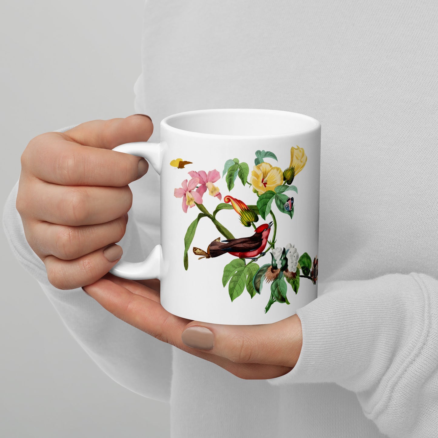 Mug Flycatcher Bird and Parakeet 11oz Handle on left in hands