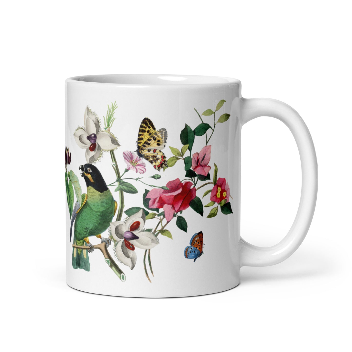 Mug Flycatcher Bird and Parakeet 11oz Handle on right