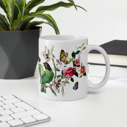 Mug Flycatcher Bird and Parakeet 11oz Handle on right Office